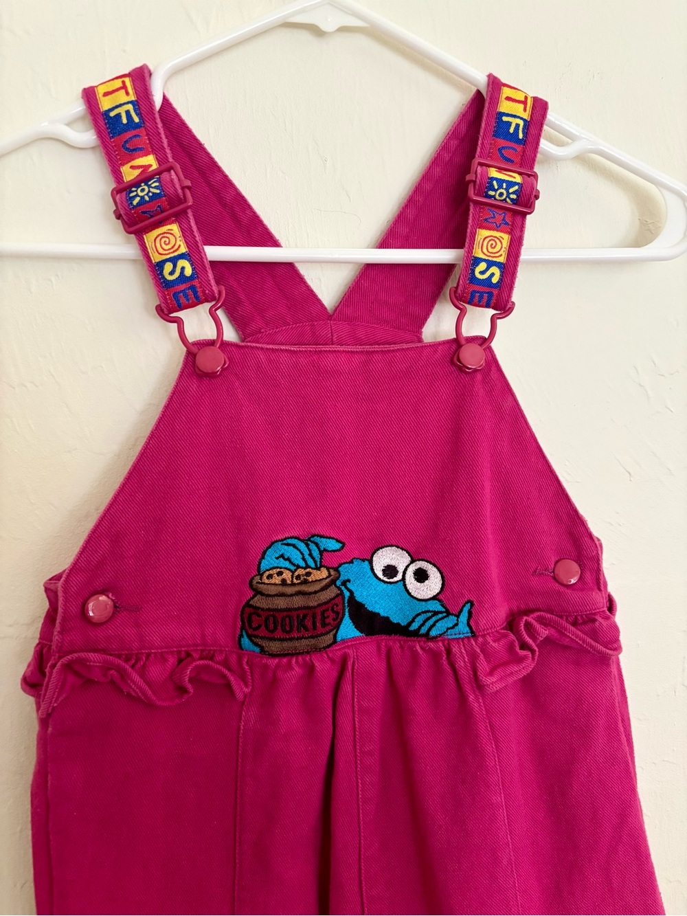 Vintage 90s Y2K Sesame Street Cookie Monster Overalls 6Y Girls Pink Rare